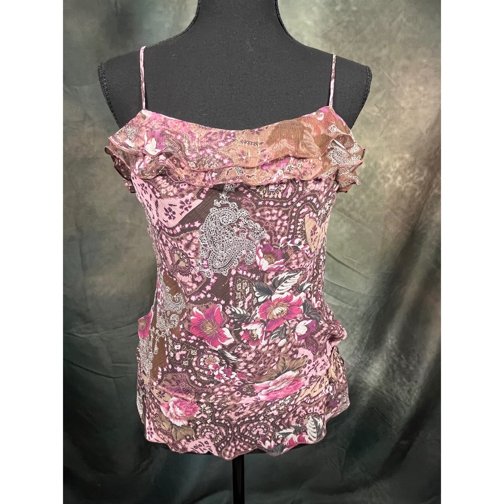 Y2K Marks & Spencer Pink Paisley Floral Ruffle Camisole Top Metallic Gold Small